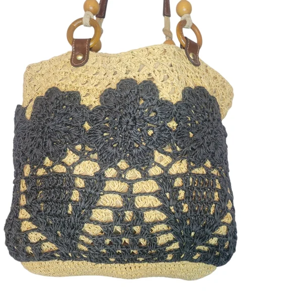 Fossil Straw Crochet Tote Bag Boho Black Floral Leather Handle Summer Purse - Picture 7 of 10